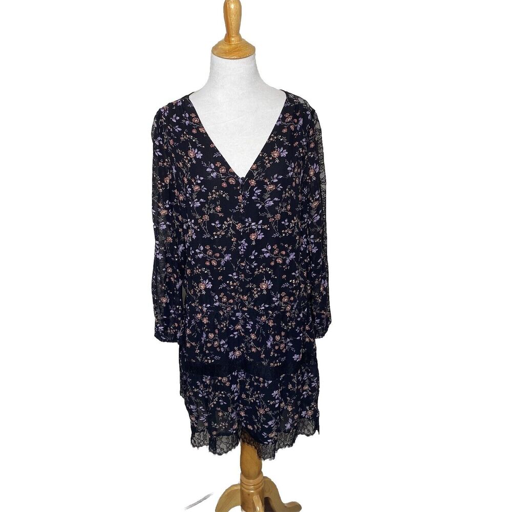 Joie Auggie Dress Silk Floral Lace V Neck Black Blouson Womens Size Medium